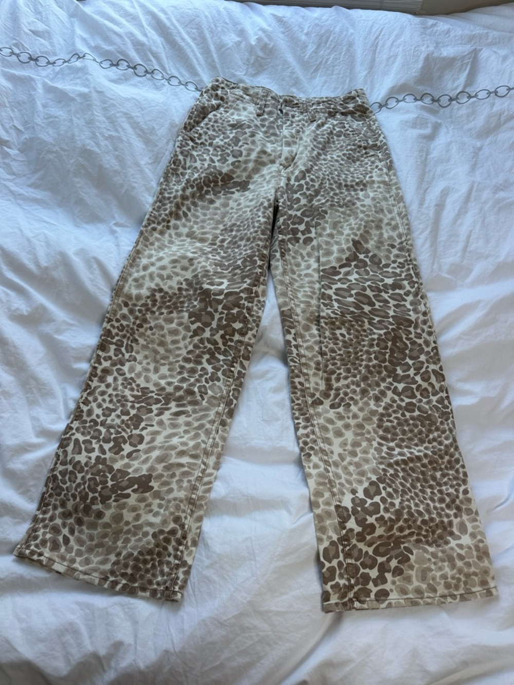 MOTHER Beige and Brown Leopard Print Wide Leg Jeans
